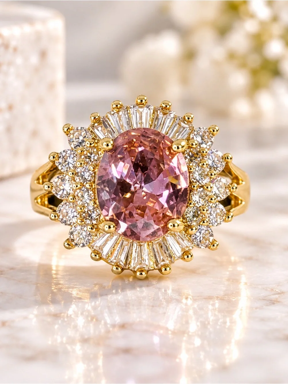 Pink Oval CZ Ballerina Cocktail Ring Gold Plated Adjustable New